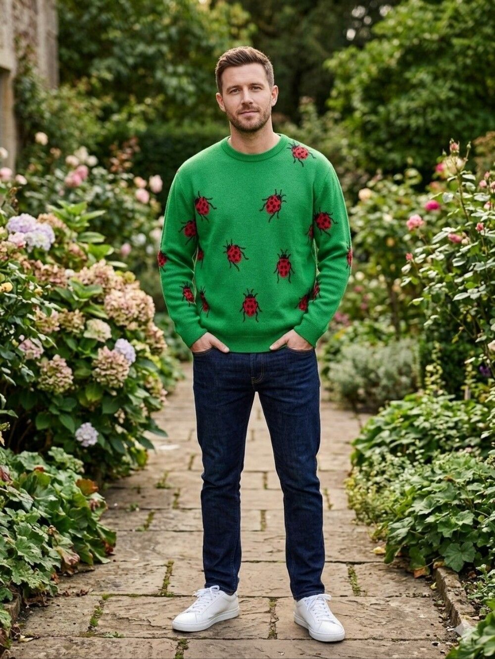 {ASOS Design} Green Ladybug Knit Sweater with Red Bug Motif